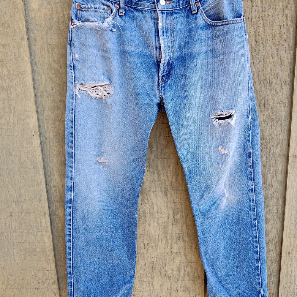 LEVI's 505 Red-Tag Zipper Fly 36x30 Honest Distress, Holes, Fraying, Fading etc.